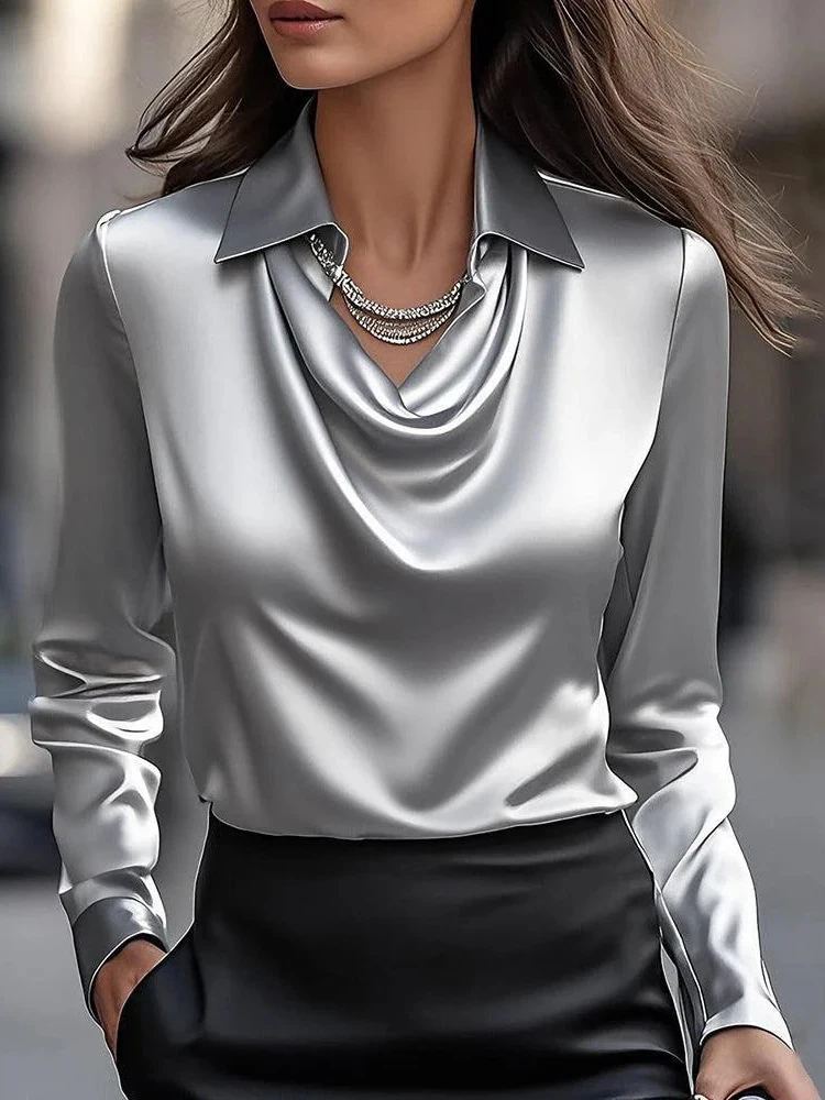 Women Long Sleeve Lapel V Neck - đánh giá và giá Silk Blouse